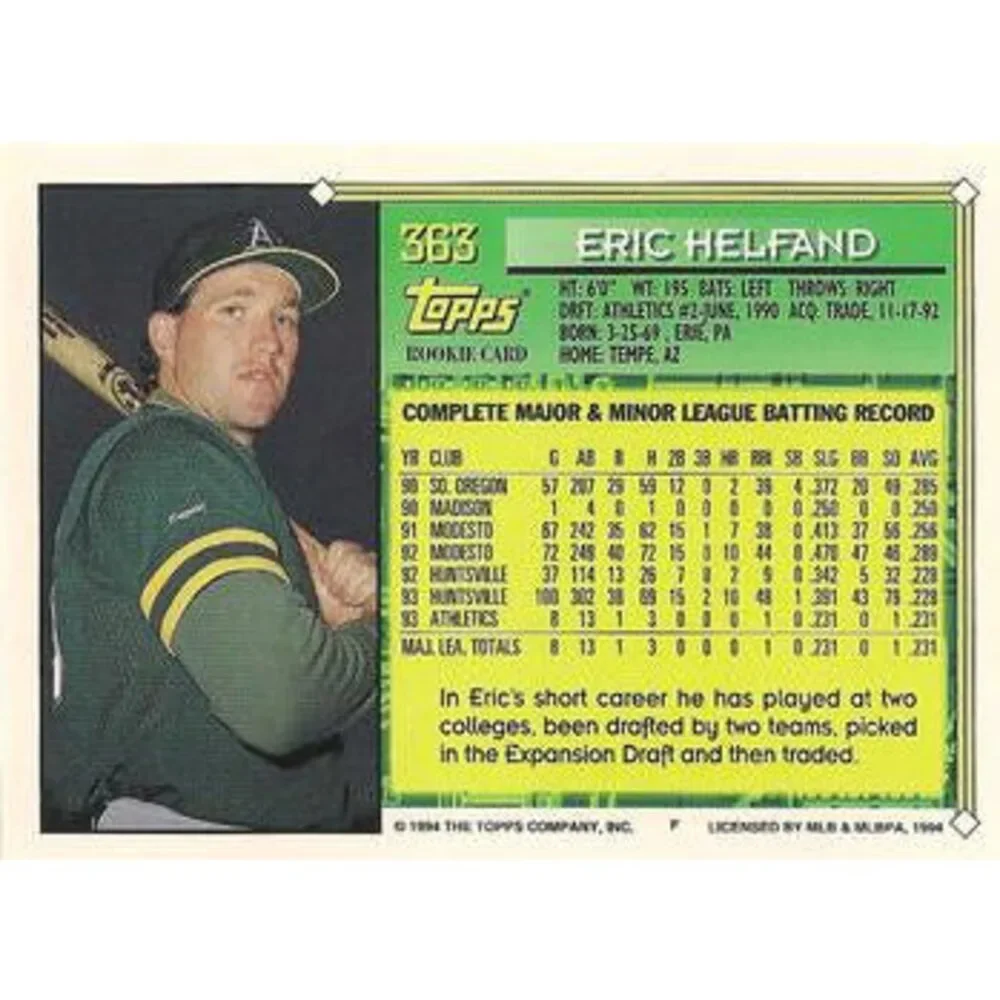 1994 Topps Eric Helfand FS, RC # 363 Oakland Athletics